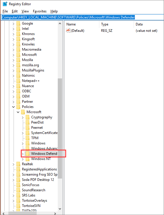 Windows Defender in Registry