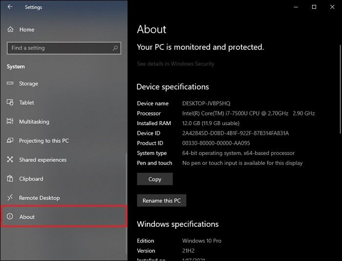 Windows System Settings About Option