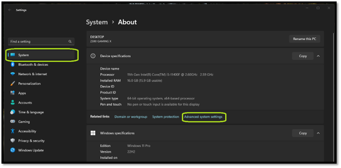 Windows system settings