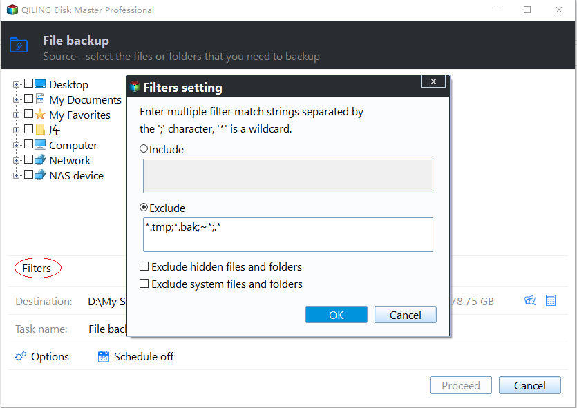 filter files before backup