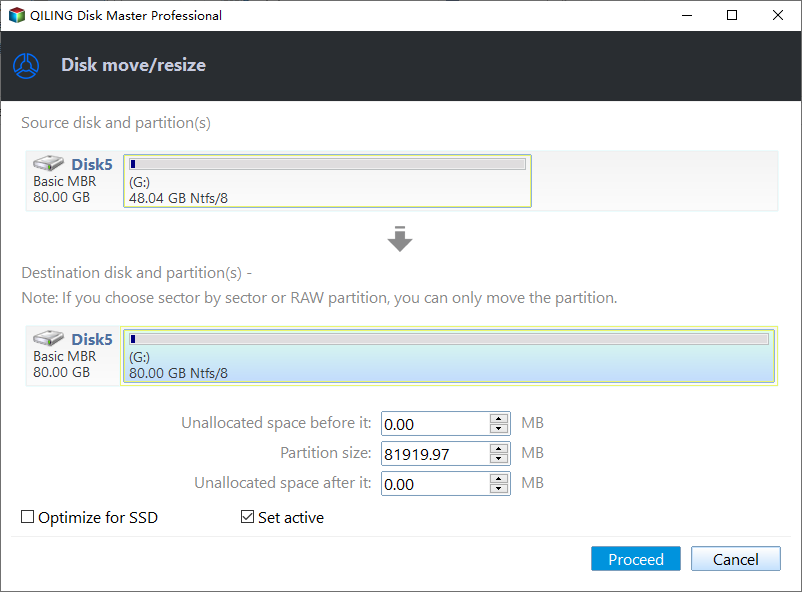 drag the mouse leftwards to resize partition