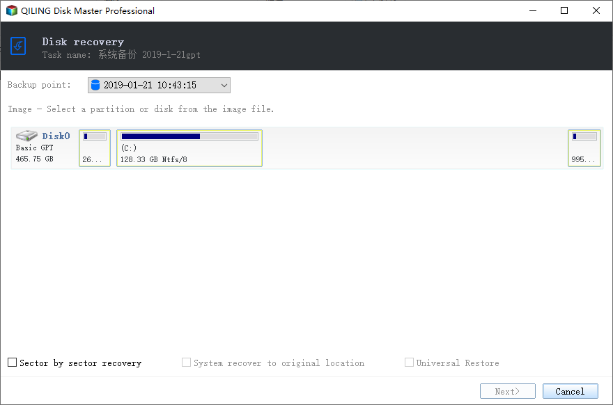 Choose system and boot partitions from backup