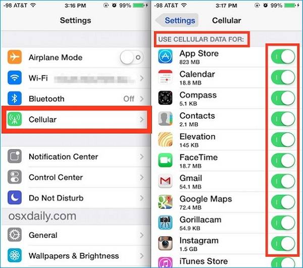 enable cellular data for certain apps