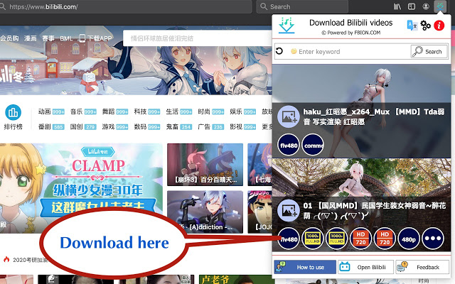 Download Bilibili video with extensions