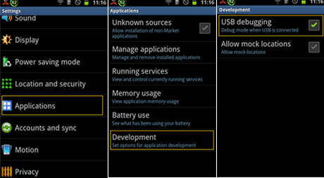 enable USB debugging on Android 2.3 or earlier.