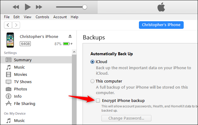 Encrypt iPhone backup in iTunes