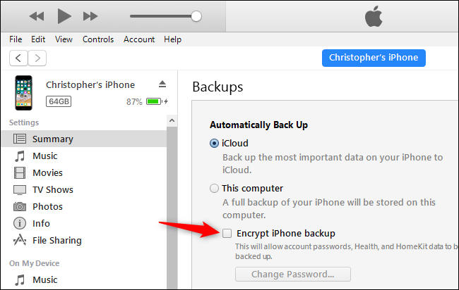 Set encrypted backup password