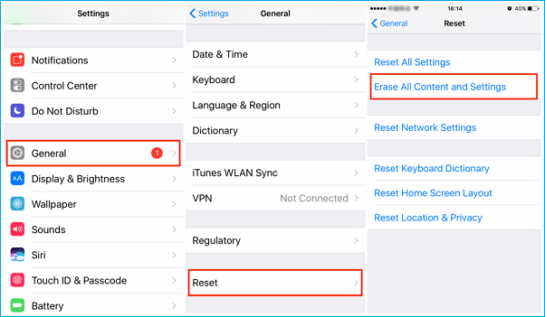 erase all content and settings on iPhone