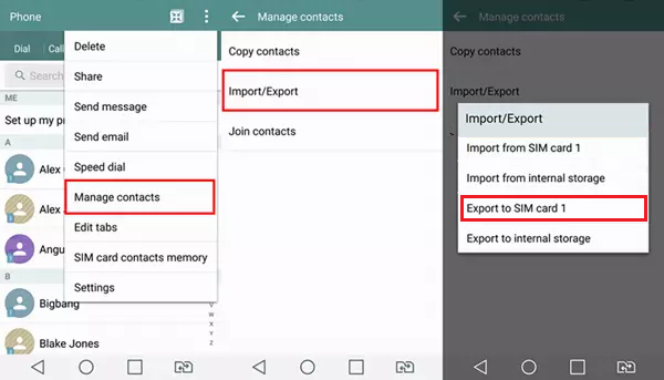Export contacts via SIM card