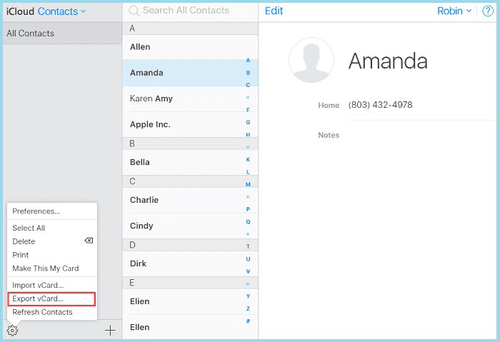 Export vcard icloud contacts