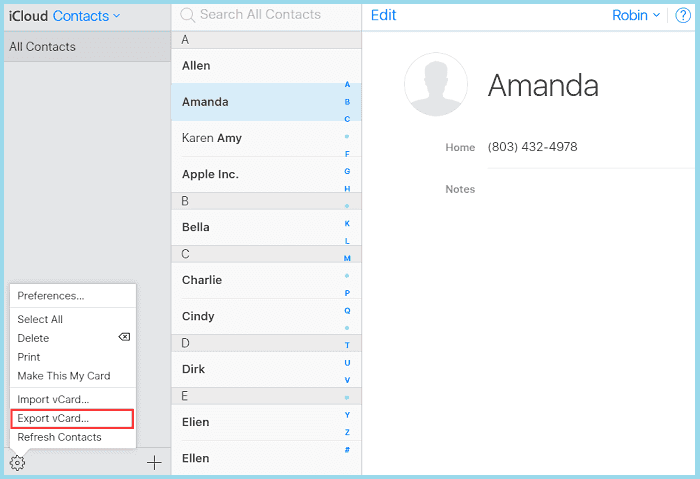 Export vcard iCloud contacts