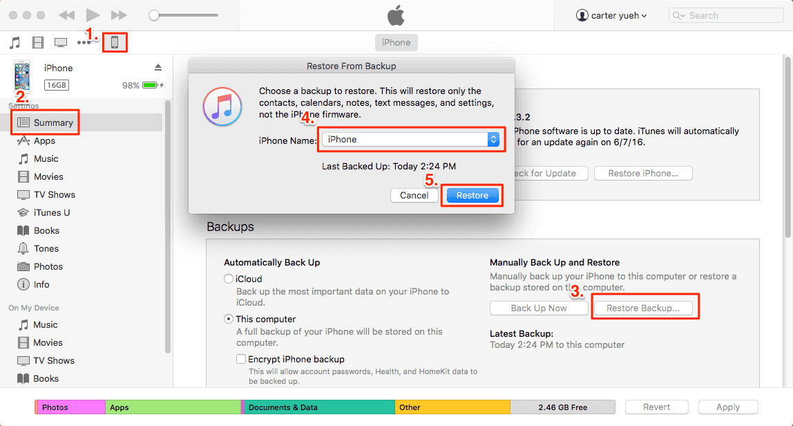 iTunes restore iPhone from backup