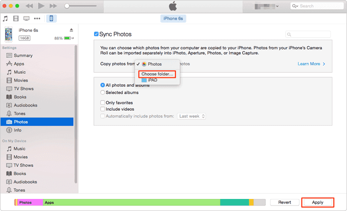 how to transfer photos from laptop to iPhone with iTunes