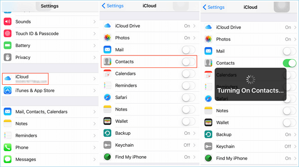 Enable iCloud contacts in the Settings