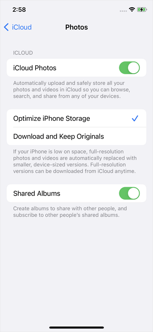 Toggle on iCloud photos