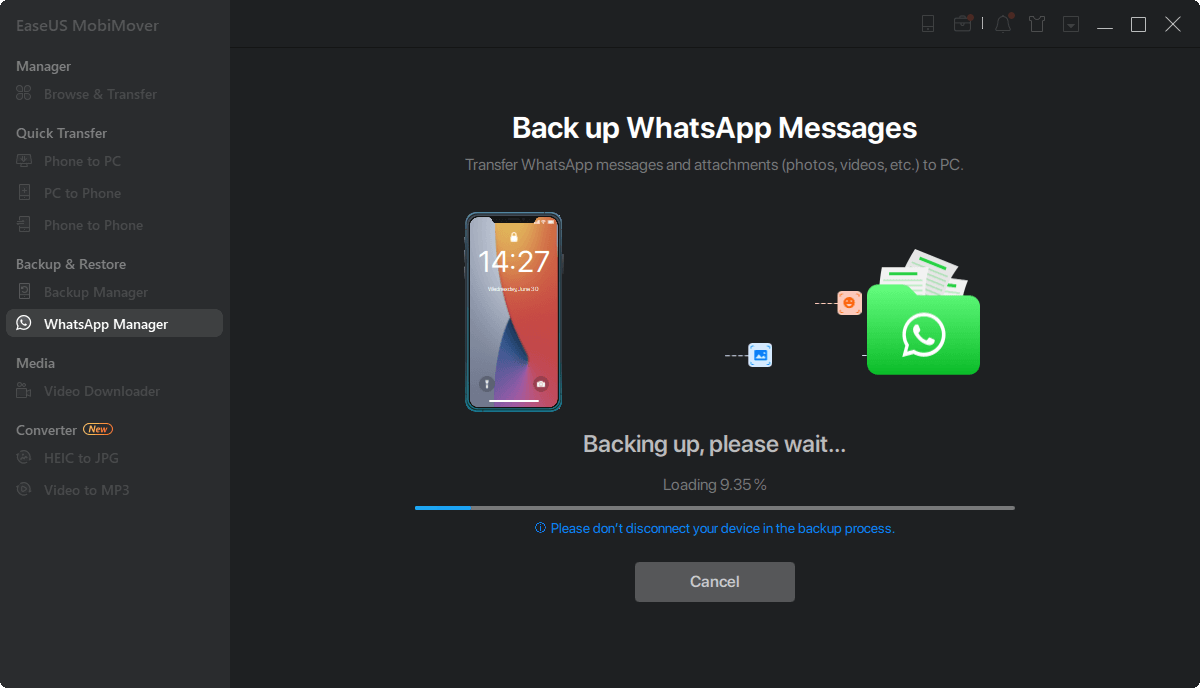 Back up WhatsApp to PC - backup process