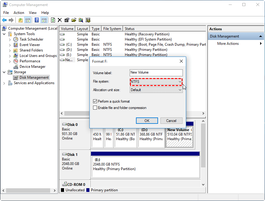 formatting 4k drive to ntfs using disk management