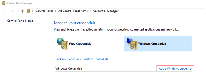 fix Windows 10 file sharing not working - add windows credential