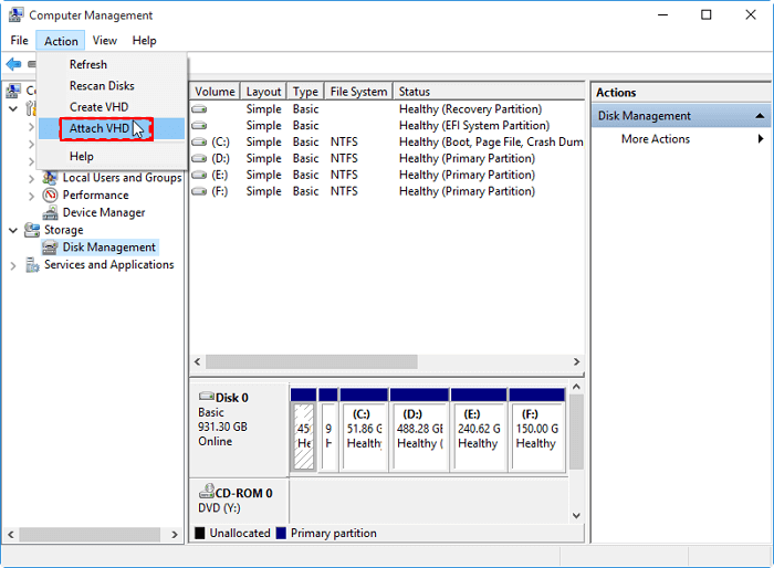 Attach VHD in Disk Management to copy VHD to physical disk