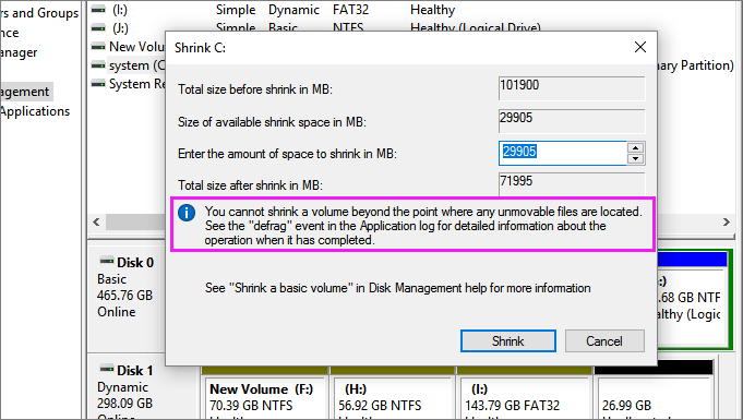 Windows unable to shrink volume in Windows 10/8/7.