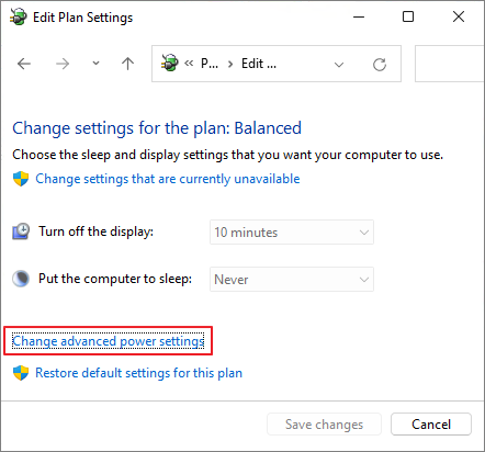 Changed advanced power settings