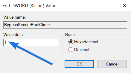 change-BypassSecureBootCheck value to 1