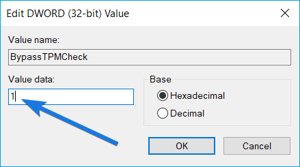 change BypassTPMCheck value to 1