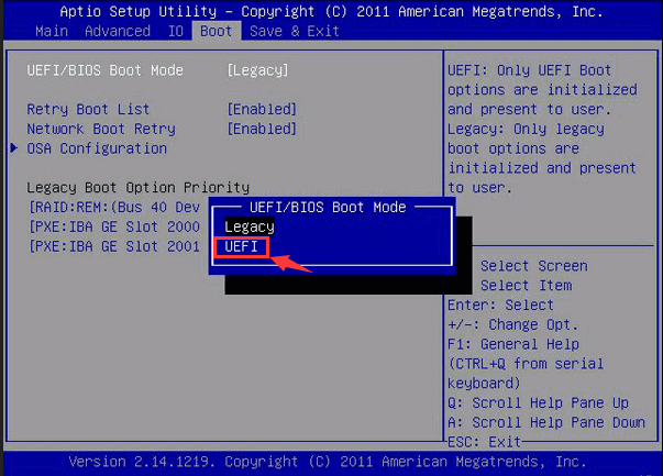 change legacy to uefi