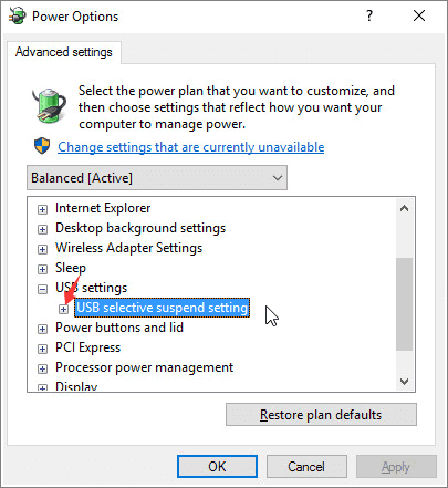 Change USB selective suspend settings.