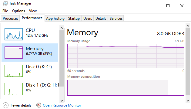 Check memory usage state in task manager