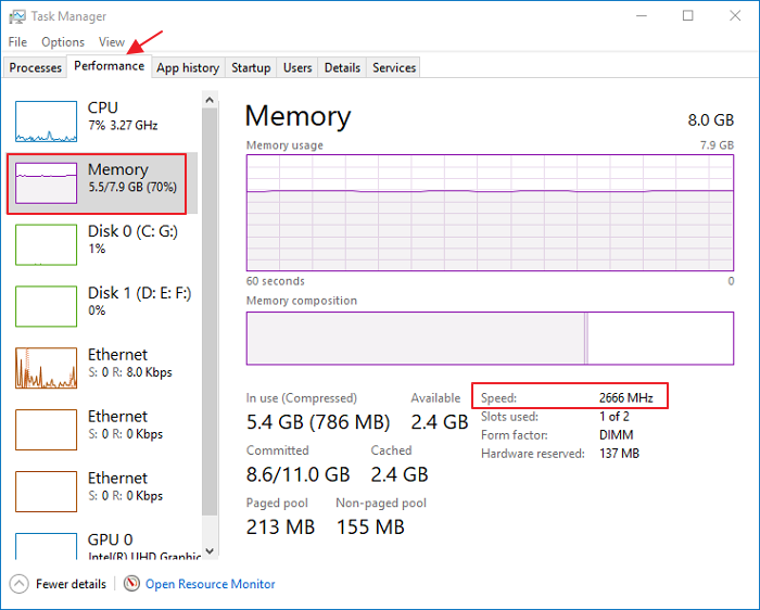 Check RAM speed in Task Manager