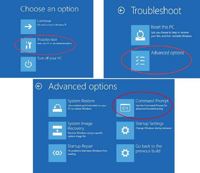 choose an option and then troubleshoot and then command prompt