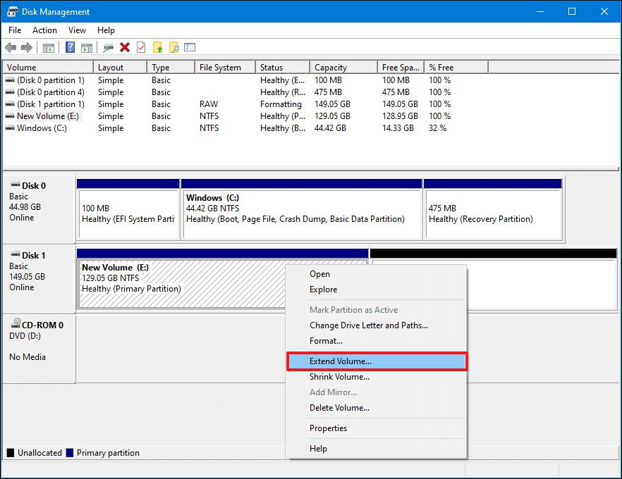 choose the extend volume option