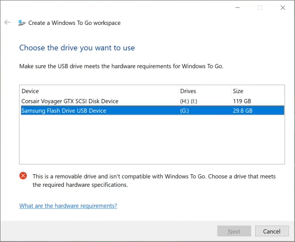 Choose Windows to go USB drive
