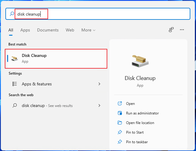 search disk cleanup in windows search bar