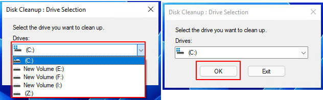 Select the drive with low disk space error to free up
