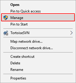 Click Manage to open Disk Management