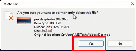 Click Yes Permanently Delete Files