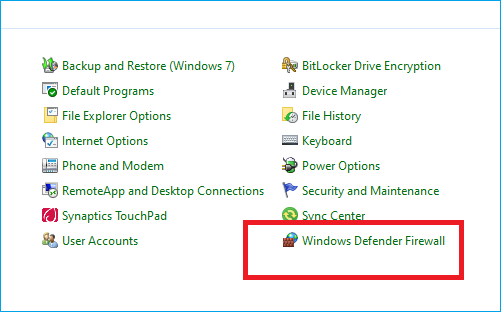 all items select window defender firewall