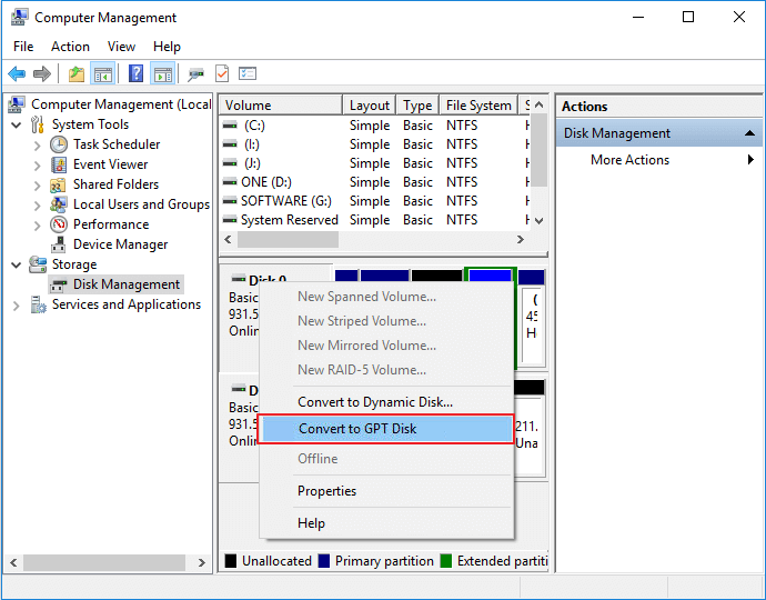 convert mbr to gpt with disk management