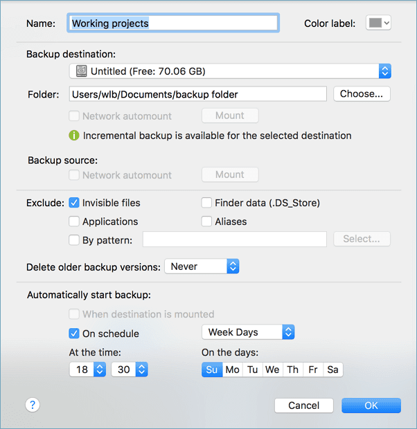 Backup Apple mail emails - select the backup destination