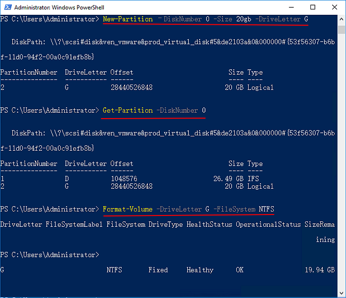 Command lines to create volume using PowerShell in Windows Server