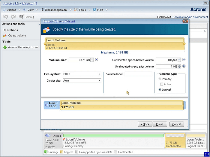 Create partition with Acronis Disk Director