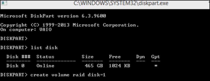 diskpart create raid volume
