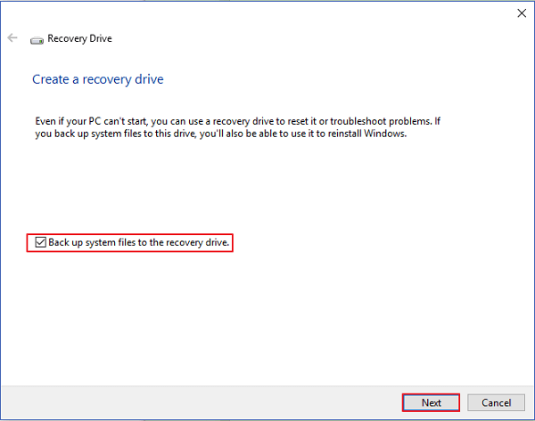 create a recovery drive - step 2