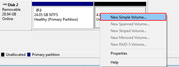 Fix second partition on USB via new simple volume.