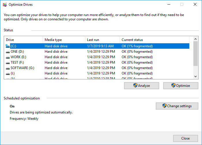 Defragment hard drive in Windows 10