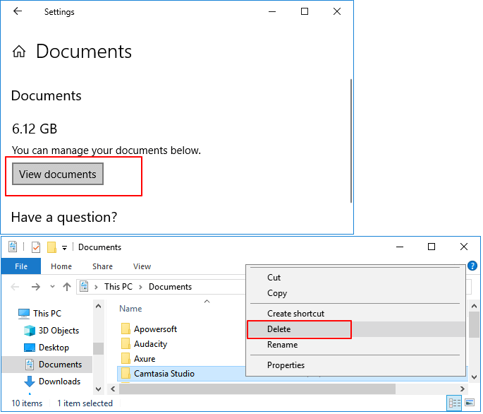 Select and delete useless large files from Documents folder.