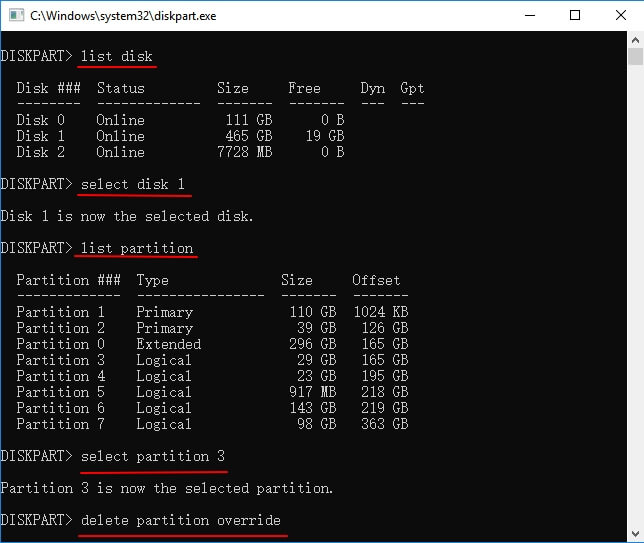 Delete OEM partition using Diskpart command
