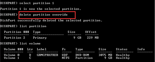 diskpart delete partition override